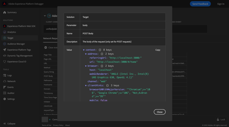 A seção Network Requests do Destino selecionado no Platform Debugger