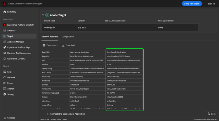 A seção Network Requests do Destino selecionado no Platform Debugger