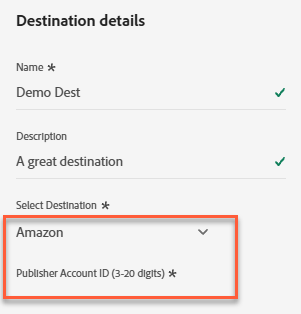 Captura de tela do painel de detalhes do destino Amazon mostrando o campo ID da Conta do Publicador.