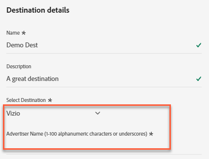 Captura de tela do painel de detalhes de destino Vizio mostrando o campo Nome do Anunciante.