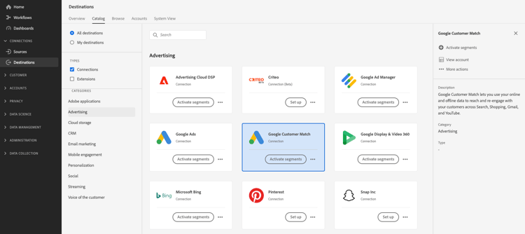 Destino do Google Customer Match na interface do Adobe Experience Platform.