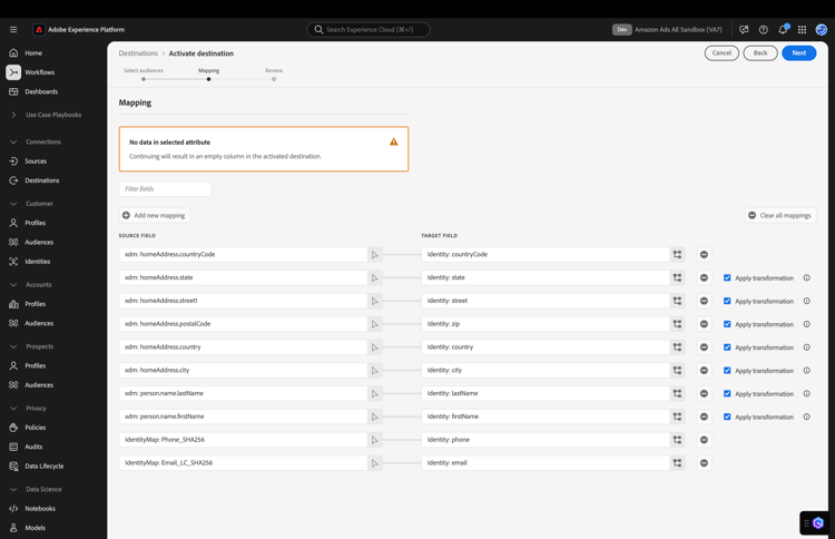 Mapeamento do Adobe para o Amazon Ads