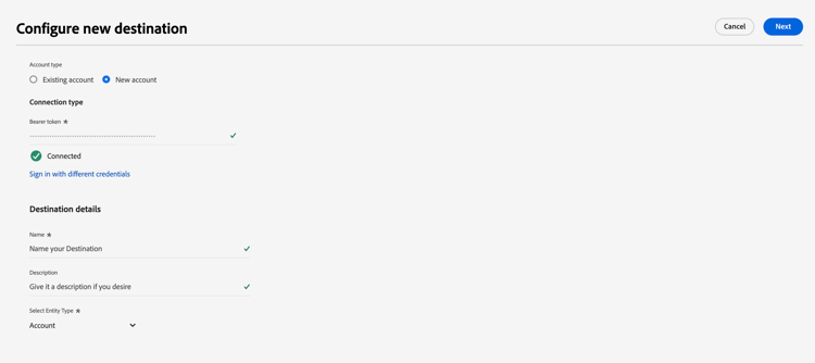 Adicionar informações sobre a conexão de destino