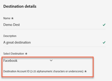 Captura de tela do painel de detalhes do destino Facebook mostrando o campo de ID da conta de destino.