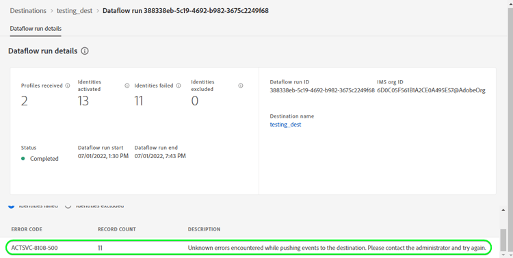 Captura de tela da interface do Experience Platform mostrando erro.