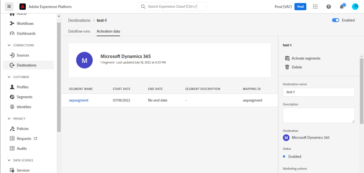 Exemplo de captura de tela da interface do usuário do Experience Platform mostrando Dados de Ativação de Destinos.