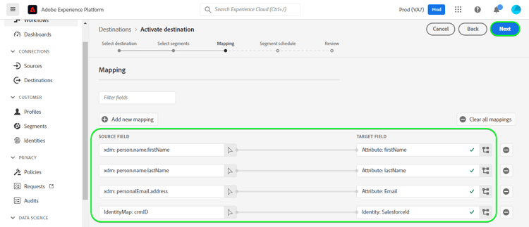 Exemplo de captura de tela da interface do Experience Platform mostrando os mapeamentos do Target.