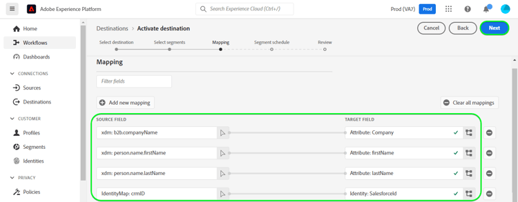 Exemplo de captura de tela da interface do Experience Platform mostrando os mapeamentos do Target.