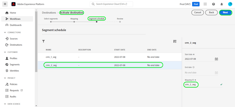 Exemplo de captura de tela da interface do Experience Platform mostrando a opção Agendar exportação de público-alvo.
