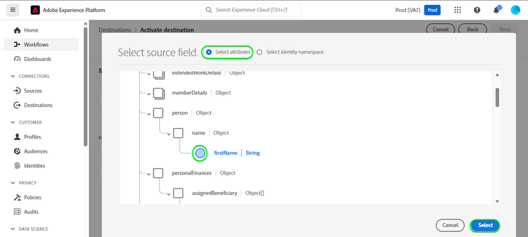 Captura de tela da Interface do Usuário da Plataforma selecionando o Nome como um atributo de origem.