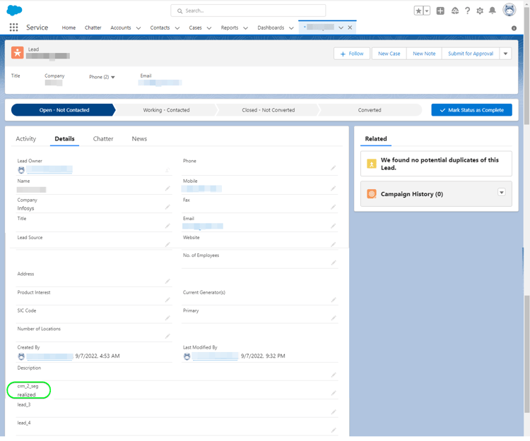 Captura de tela do Salesforce CRM mostrando a página Detalhes do cliente potencial com status de público atualizado.