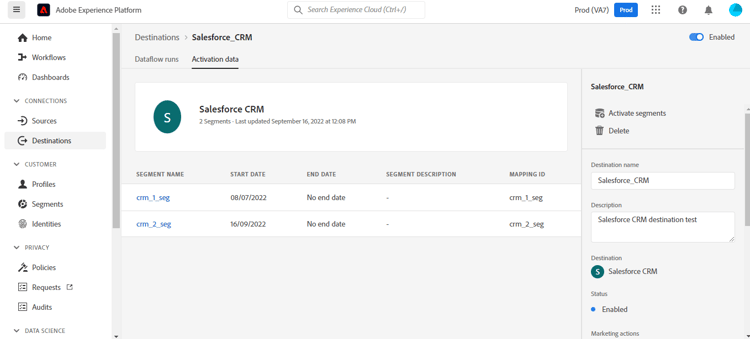 Exemplo de captura de tela da interface do usuário do Experience Platform mostrando Dados de Ativação de Destinos.