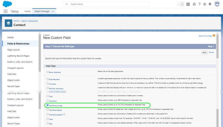 Captura de tela da interface do usuário do Salesforce mostrando a criação de campo personalizado, Etapa 1 - Selecione o tipo de dados.
