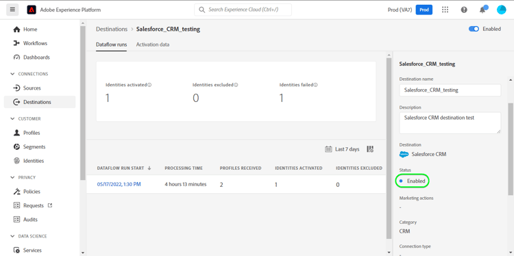 Captura de tela da interface do Experience Platform mostrando a execução do fluxo de dados de destinos.