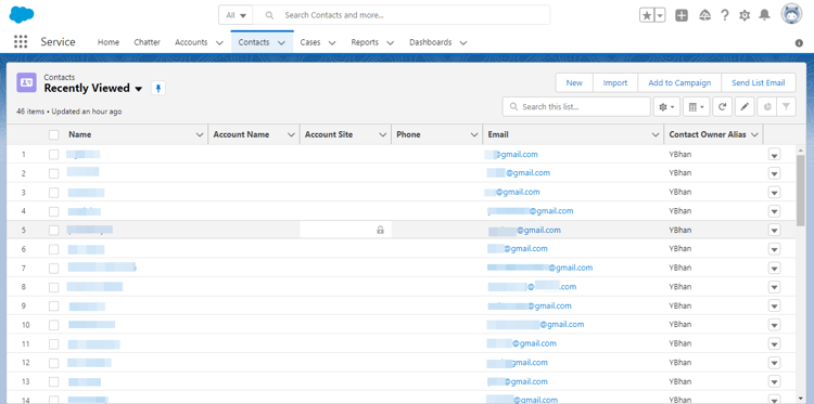 Captura de tela do Salesforce CRM mostrando a página Contatos com os perfis do segmento.