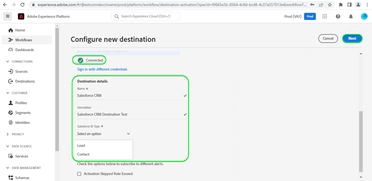 Captura de tela da interface do Experience Platform mostrando os detalhes do destino.