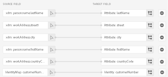 Imagem da interface do Experience Platform mostrando um exemplo com mapeamentos de atributos obrigatórios e opcionais, em que o cliente é um indivíduo.