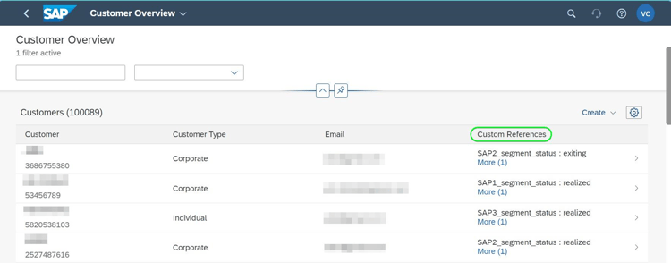 Imagem de Faturamento de Assinatura SAP mostrando a página de visão geral do cliente com cabeçalhos de coluna mostrando o nome do público e os status do público-alvo das células