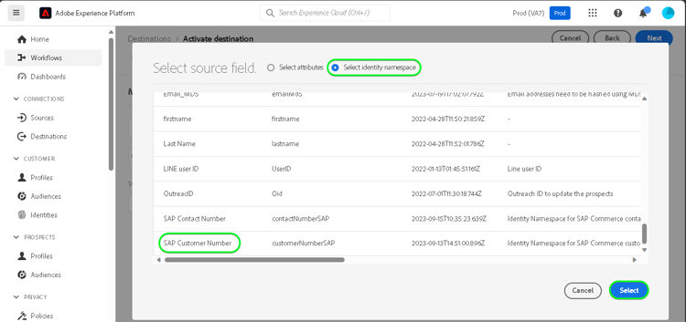 Captura de tela da interface do Experience Platform selecionando email como um atributo de origem para mapear como identidade.