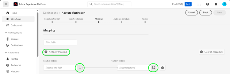 Interface do usuário do Experience Platform com o botão Adicionar novo mapeamento foi realçada.