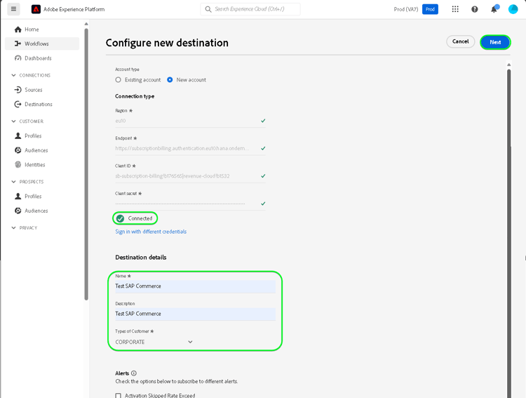 Imagem da interface do Experience Platform mostrando os detalhes de destino a serem preenchidos após a autenticação.