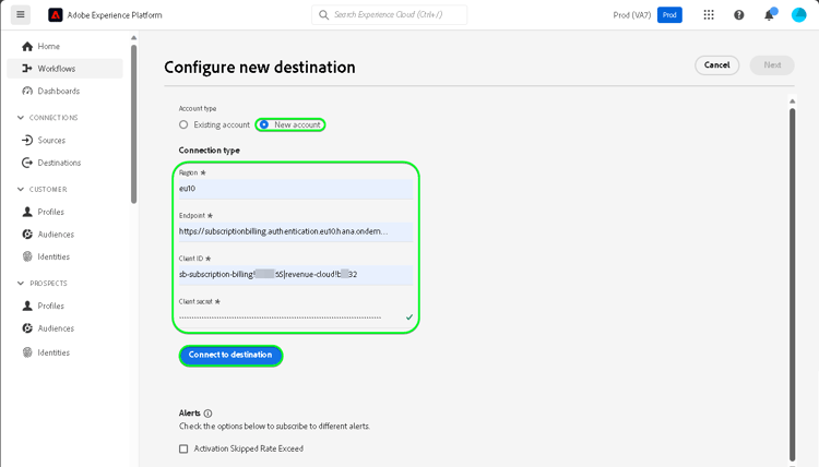 Imagem da interface do Experience Platform mostrando como autenticar no destino.