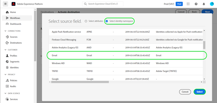 Captura de tela da interface do usuário da plataforma com o campo Source como email do namespace de identidade.
