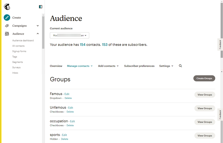 Captura de tela da interface do usuário do Mailchimp mostrando a página Grupo de público-alvo.