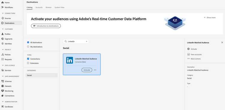 Destino do LinkedIn na interface do Adobe Experience Platform