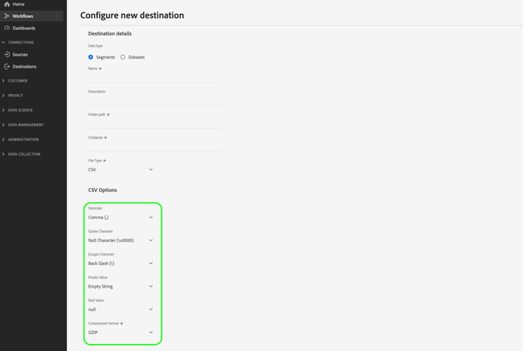 Configurar op es de formata o de arquivo para destinos baseados