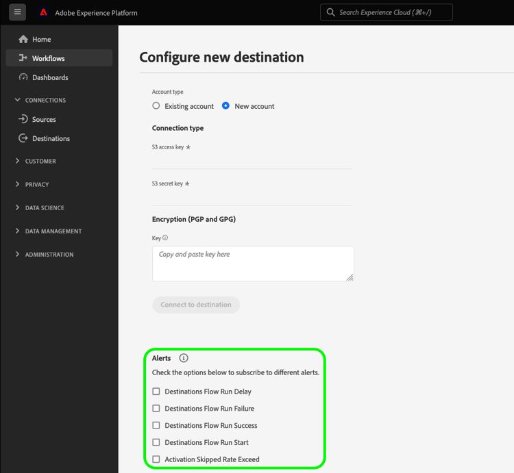 Imagem da interface do usuário mostrando a seção de alertas de destino.