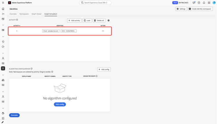 Lista de atividades mostrando a Atividade #1 com um namespace e um valor de identidade escolhidos após a adição do primeiro evento.