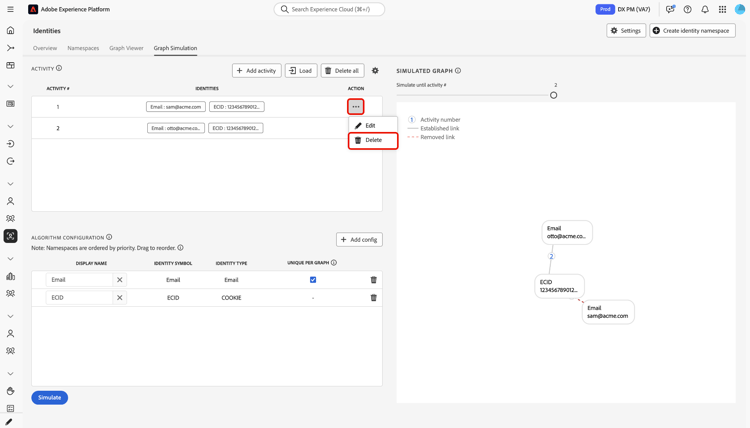 Menu de ações de linha ao lado de uma atividade aberta com Excluir escolhido para remover esta atividade da simulação.