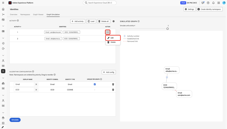 Menu de ações de linha ao lado de uma atividade aberta com a opção Editar escolhida para alterar o namespace ou o valor dessa atividade.