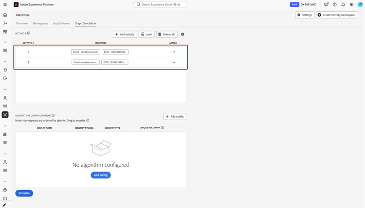 Lista de atividades com dois eventos (Activity #1 e Activity #2), cada um com namespace e valor, pronta para simulação.