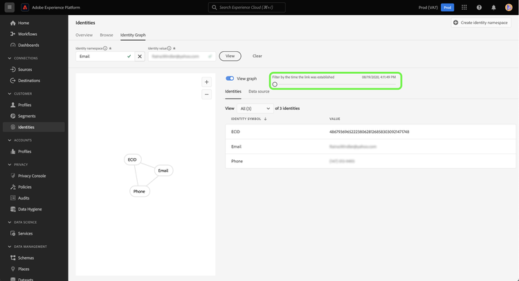 O controle deslizante do carimbo de data e hora do visualizador de gráfico ajustado para o primeiro novo link estabelecido.