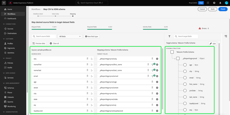 A etapa Mapeamento na interface do usuário, mostrando todos os campos CSV mapeados e a estrutura de esquema resultante.