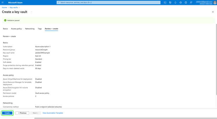 A página Revisar e criar cofres de Chave do Microsoft Azure com Criar realçada.