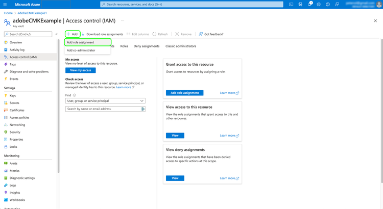 O painel Microsoft Azure com Add e Add role assignment realçados.