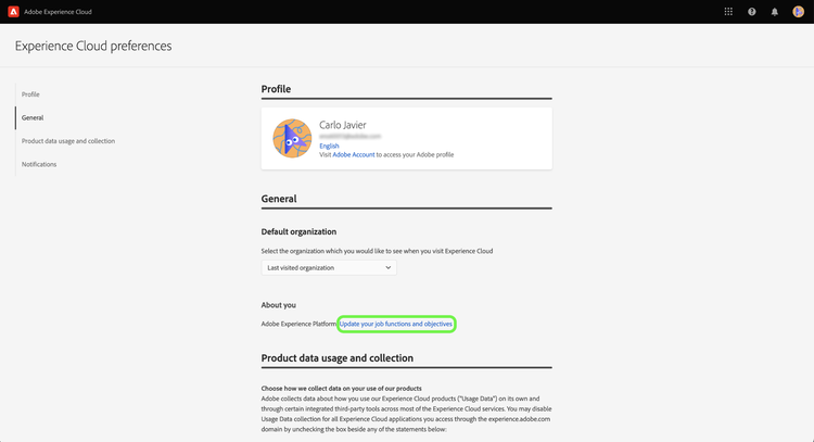 A seção geral da página de preferências do perfil da interface do usuário da plataforma