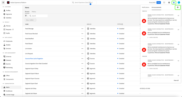 Uma lista de alertas mostrados, destacando o ícone de sino e o ícone de engrenagem.