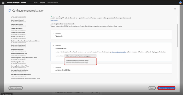 A página Adicionar eventos mostrando o método de entrega Ação em Tempo de Execução e Salvar eventos configurados.