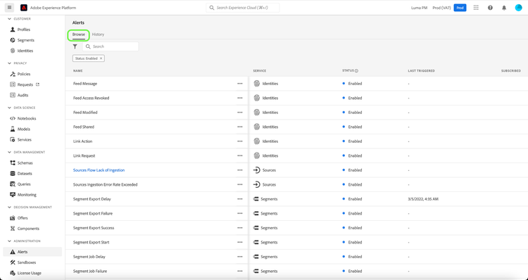 Uma lista de alertas disponíveis é exibida na guia Procurar.