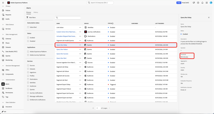 Um alerta selecionado com detalhes no painel direito, incluindo o limite.
