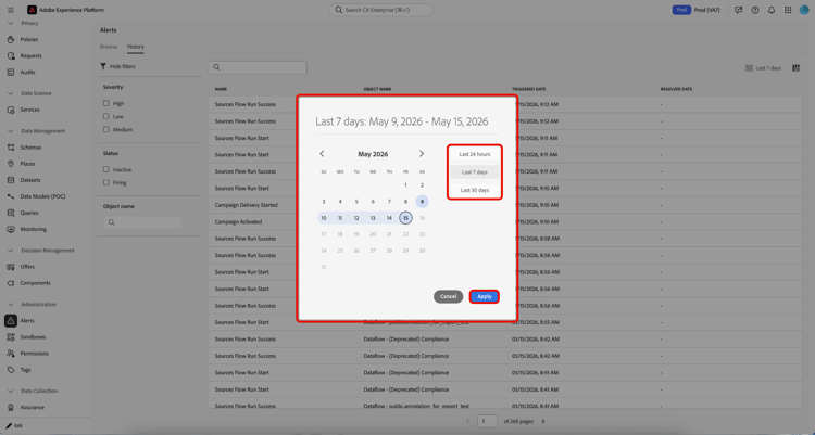Página do seletor de intervalo de datas exibida.