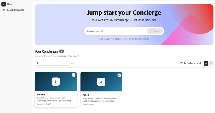 O Brand Concierge é exibido, mostrando uma lista de concierges.