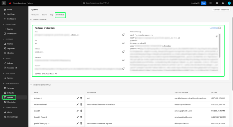 O espaço de trabalho Consultas Experience Platform com a guia Credenciais e as credenciais de Expiração foram realçadas.