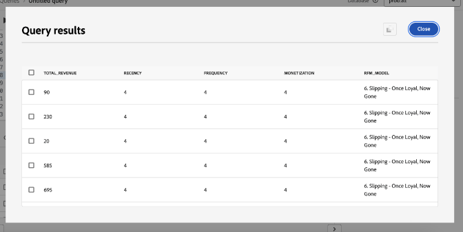 A segunda caixa de diálogo de resultados da consulta para a consulta exploratória rfm_model_segment.