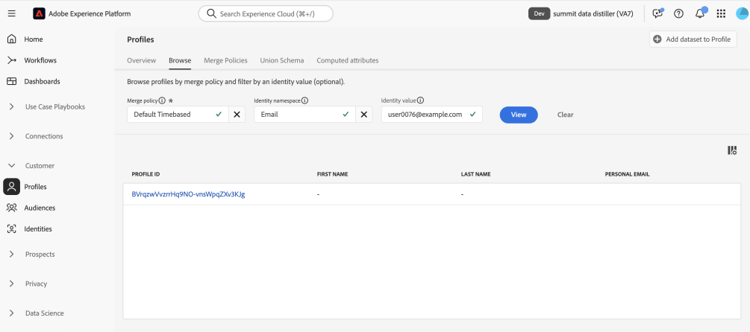O espaço de trabalho Perfis mostra perfis disponíveis com uma identidade primária de email e um filtro de valor de email aplicados.