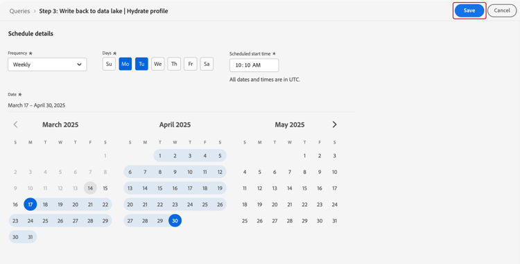 Os detalhes do agendamento com as configurações definidas e Salvar realçado.